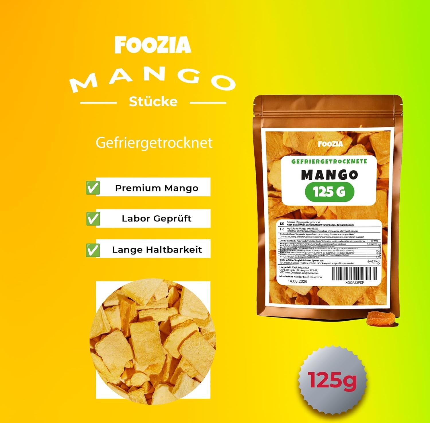 Mango liofilizado trozos grandes Fruta liofilizada Sin aditivos Mango 100% puro natural Mango liofilizado Frutos secos Mango seco 125g de Foozia (125g) Productos deshidratados Naty Shop