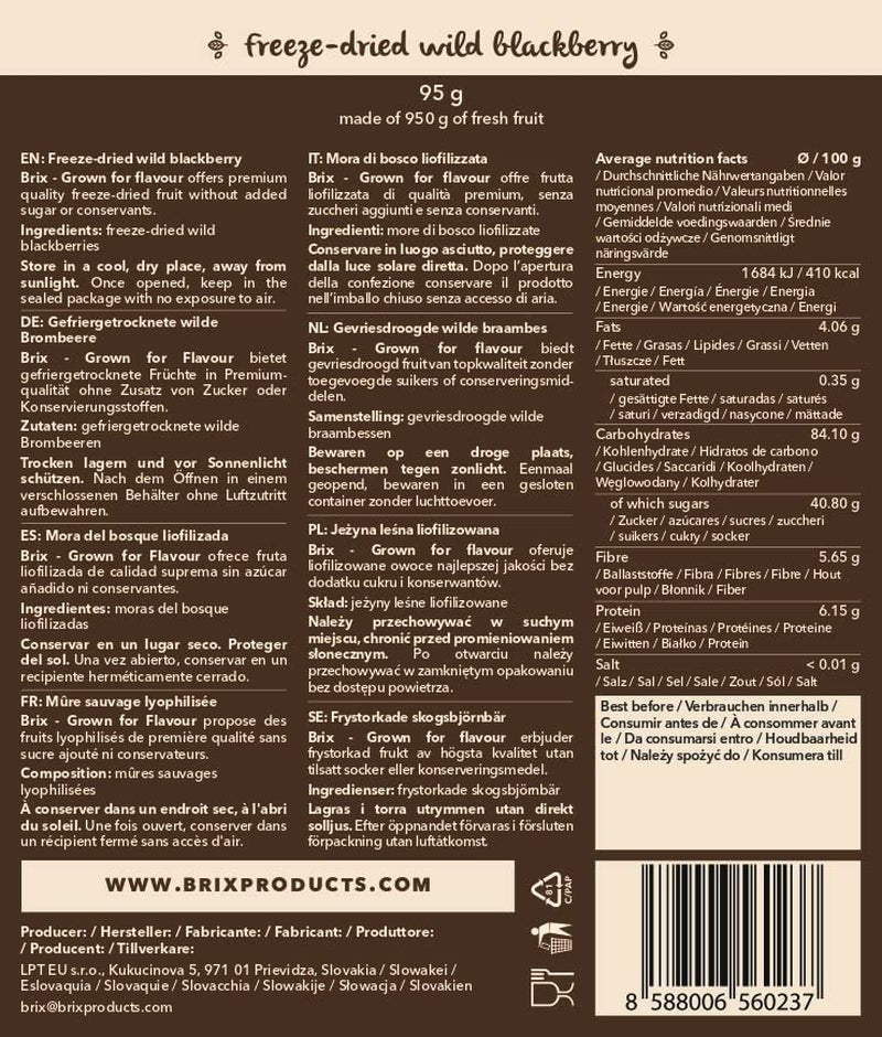Moras silvestres BRIX | Moras silvestres naturales, secas 95 g | Premio al Gran Sabor para los frutos secos | Sin OGM, Sin Gluten, Vegano, Vitaminas Retenidas Naty Shop Productos Deshidratados