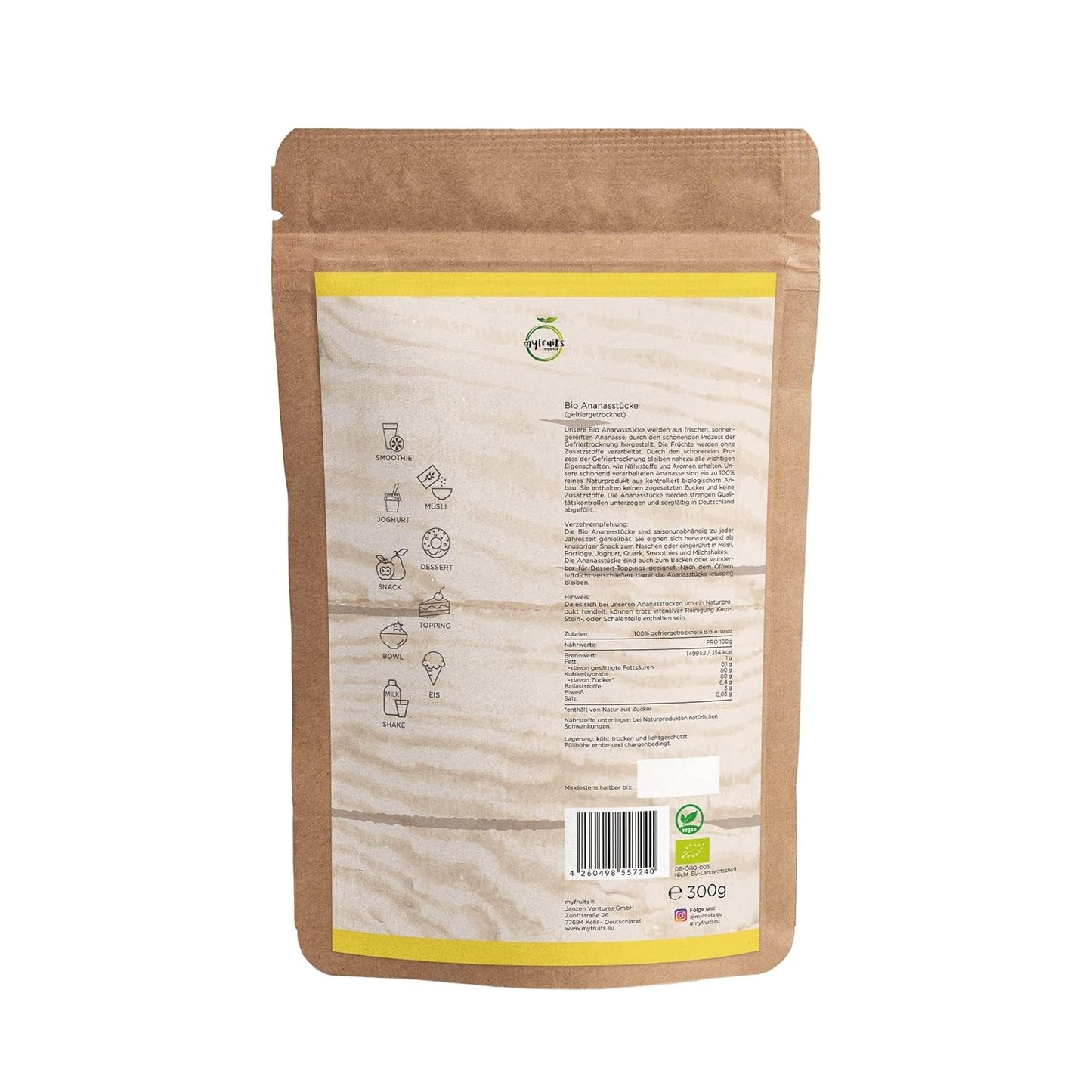 myfruits Piña liofilizada ecológica, 300g, frutos secos sin añadidos, 100% piña en trozos grandes, fruta liofilizada para muesli o snack Productos deshidratados Naty Shop