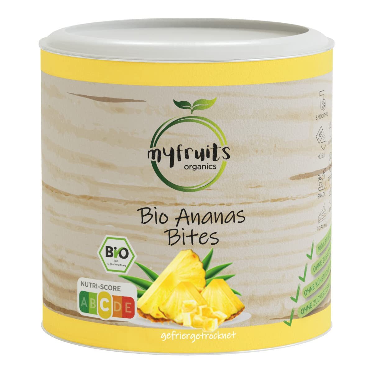 myfruits Piña liofilizada ecológica, 300g, frutos secos sin añadidos, 100% piña en trozos grandes, fruta liofilizada para muesli o snack Productos deshidratados Naty Shop 85 Gramo