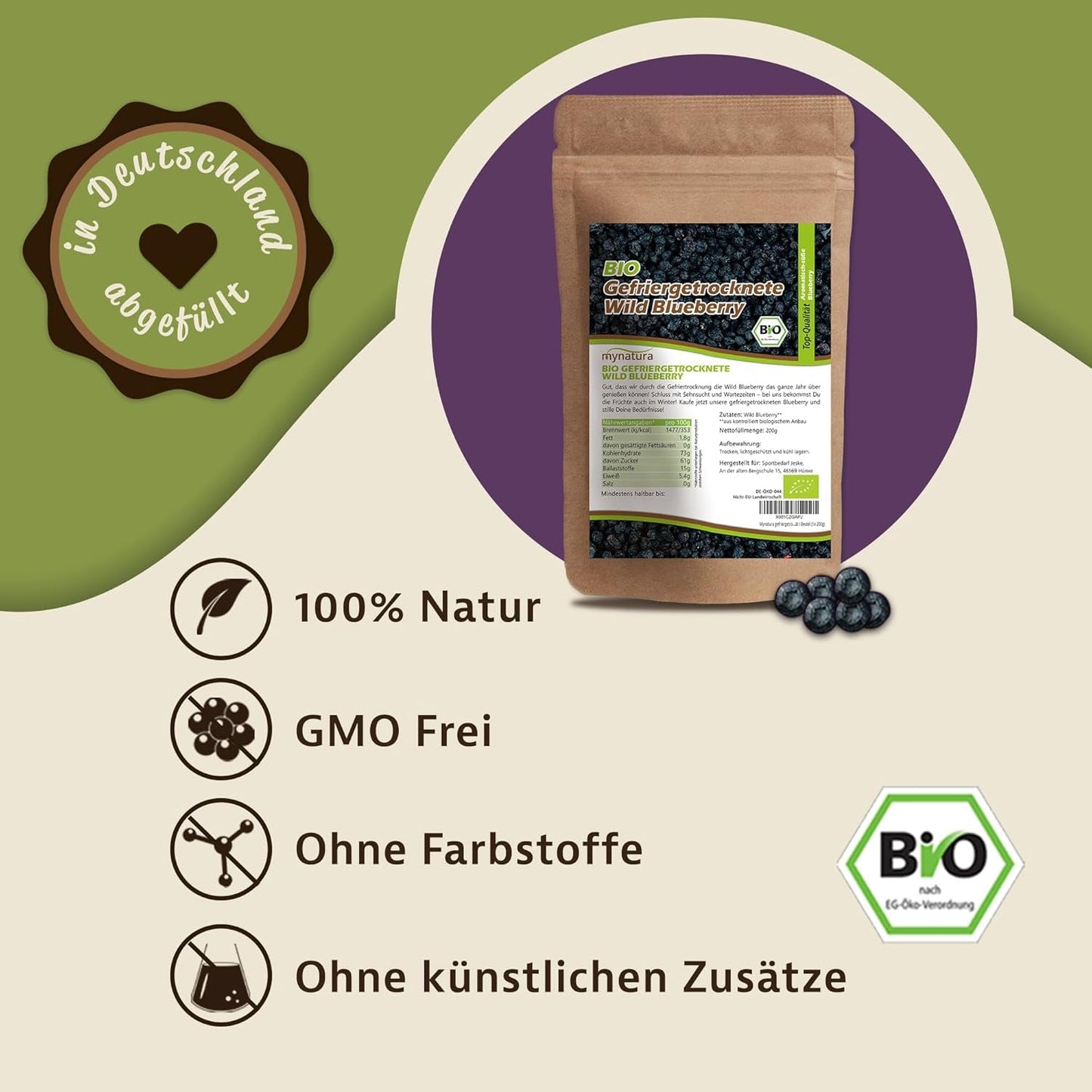 Mynatura Arándanos silvestres liofilizados ecológicos I Arándanos I Frutas I Bayas I Producto natural I Calidad ecológica I Bolsa (1x 200g) Productos deshidratados Naty Shop