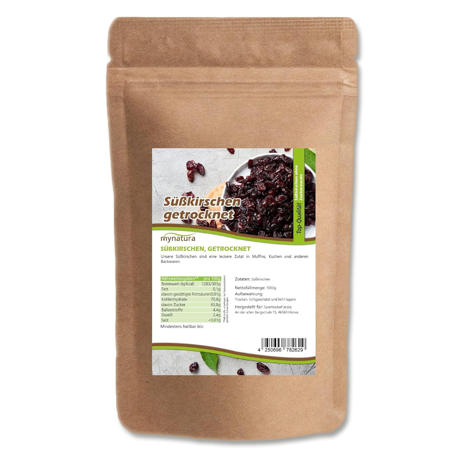 Mynatura Cerezas dulces, secas y sin semillas I Sin azúcar I Frutos secos I Sin aditivos I Repostería I Cerezas I Snack I Muesli I Vegano I Bolsa (1x 1000g) Productos deshidratados Naty Shop 1X 1000G