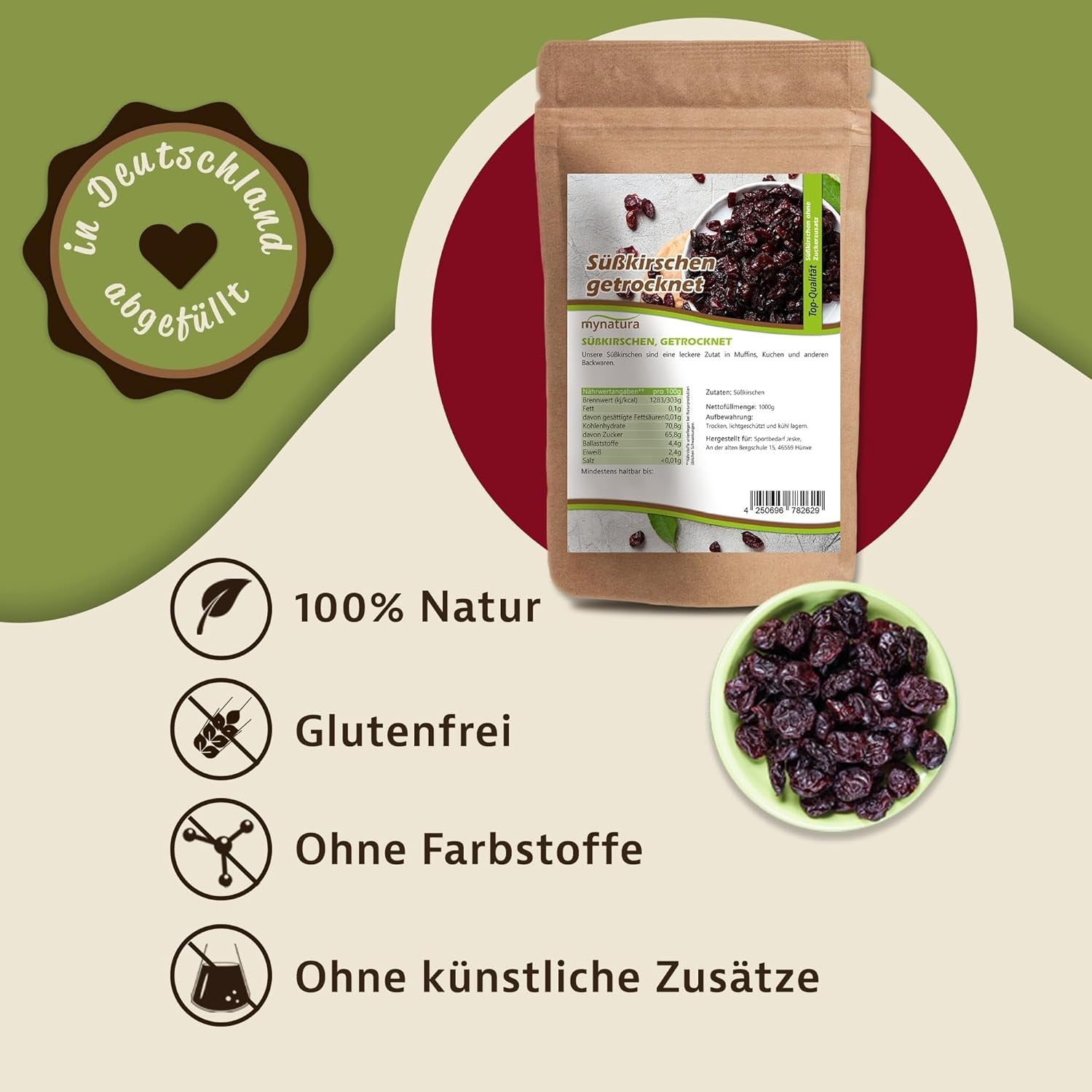 Mynatura cerezas dulces, secas y sin pepitas I Sin azúcar I Frutos secos I Sin aditivos I Repostería I Cerezas I Snack I Muesli I Vegano I Bolsa (1x 1000g) Productos deshidratados Naty Shop