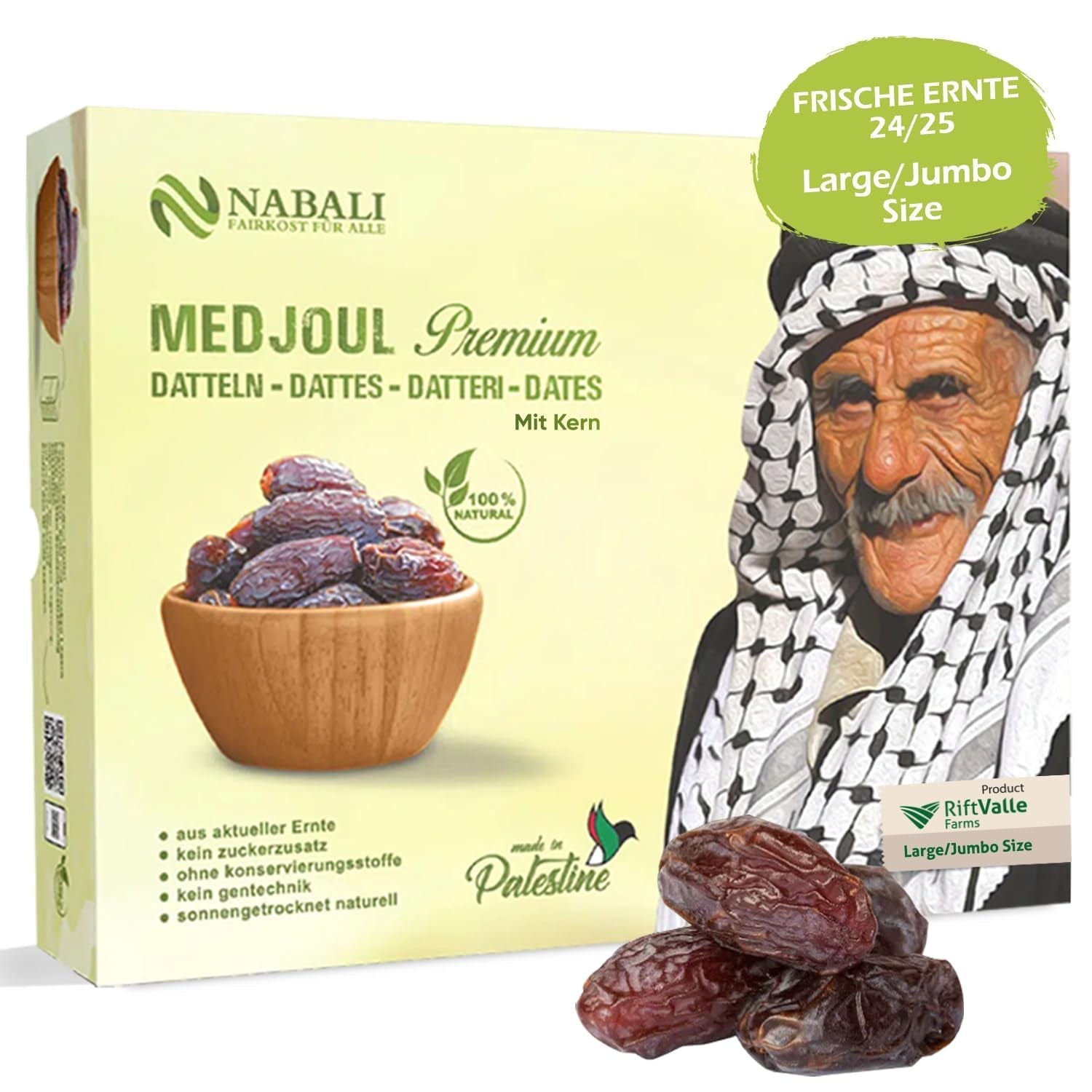NABALI FAIRKOST PARA TODOS Dátiles Medjool Medjoul de Palestina - 100% natural vegano aromático tradicional fresco y oriental I sin conservantes 5 kg (1 paquete), Pequeño/Mediano Productos deshidratados Naty Shop 5 kg (1 paquete), Grande/Jumbo