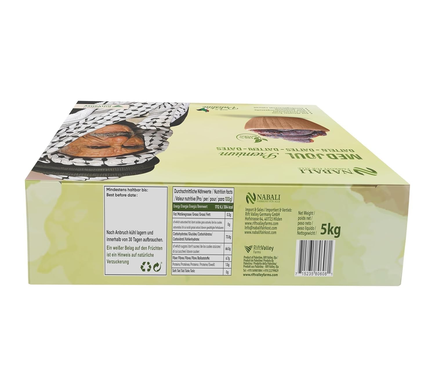 NABALI FAIRKOST PARA TODOS Dátiles Medjool Medjoul de Palestina - 100% natural vegano aromático tradicional fresco y oriental I sin conservantes 5 kg (1 paquete), Pequeño/Mediano Productos deshidratados Naty Shop