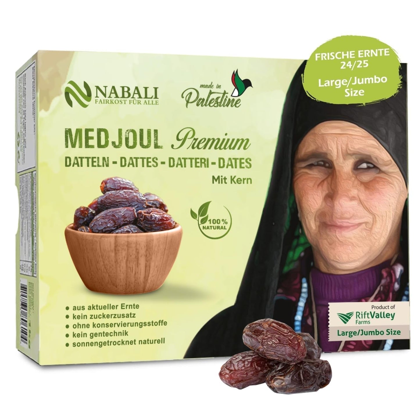 NABALI FAIRKOST PARA TODOS Dátiles Medjool Medjoul de Palestina - 100% natural vegano aromático tradicional fresco y oriental I sin conservantes 5 kg (1 paquete), Pequeño/Mediano Productos deshidratados Naty Shop 1 kg (1 paquete), Grande/Jumbo