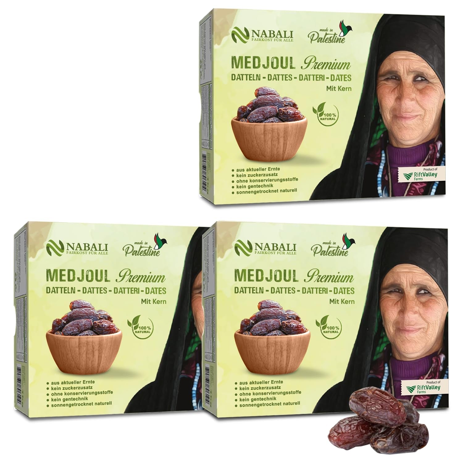 NABALI FAIRKOST PARA TODOS Dátiles Medjool Medjoul de Palestina - 100% natural vegano aromático tradicional fresco y oriental I sin conservantes 5 kg (1 paquete), Small/Medium Naty Shop productos deshidratados 1kg (3 pack) Large/Jumbo