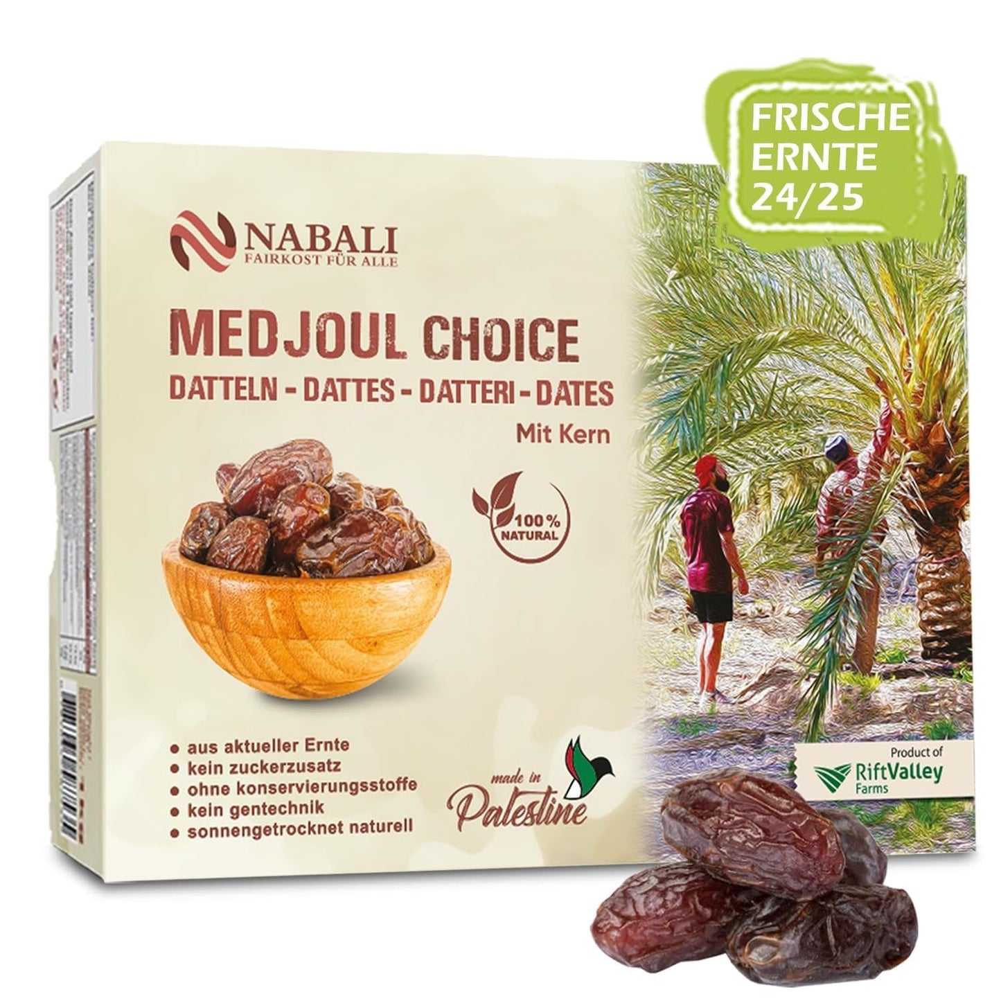 NABALI FAIRKOST PARA TODOS Medjoul - Medjool Dátiles Choice I - 100% natural aromático fresco oriental suave I dulce como la miel y caramelizado I Origen: Palestina I (1x1KG) Productos deshidratados Naty Shop 1 kg (1 paquete)
