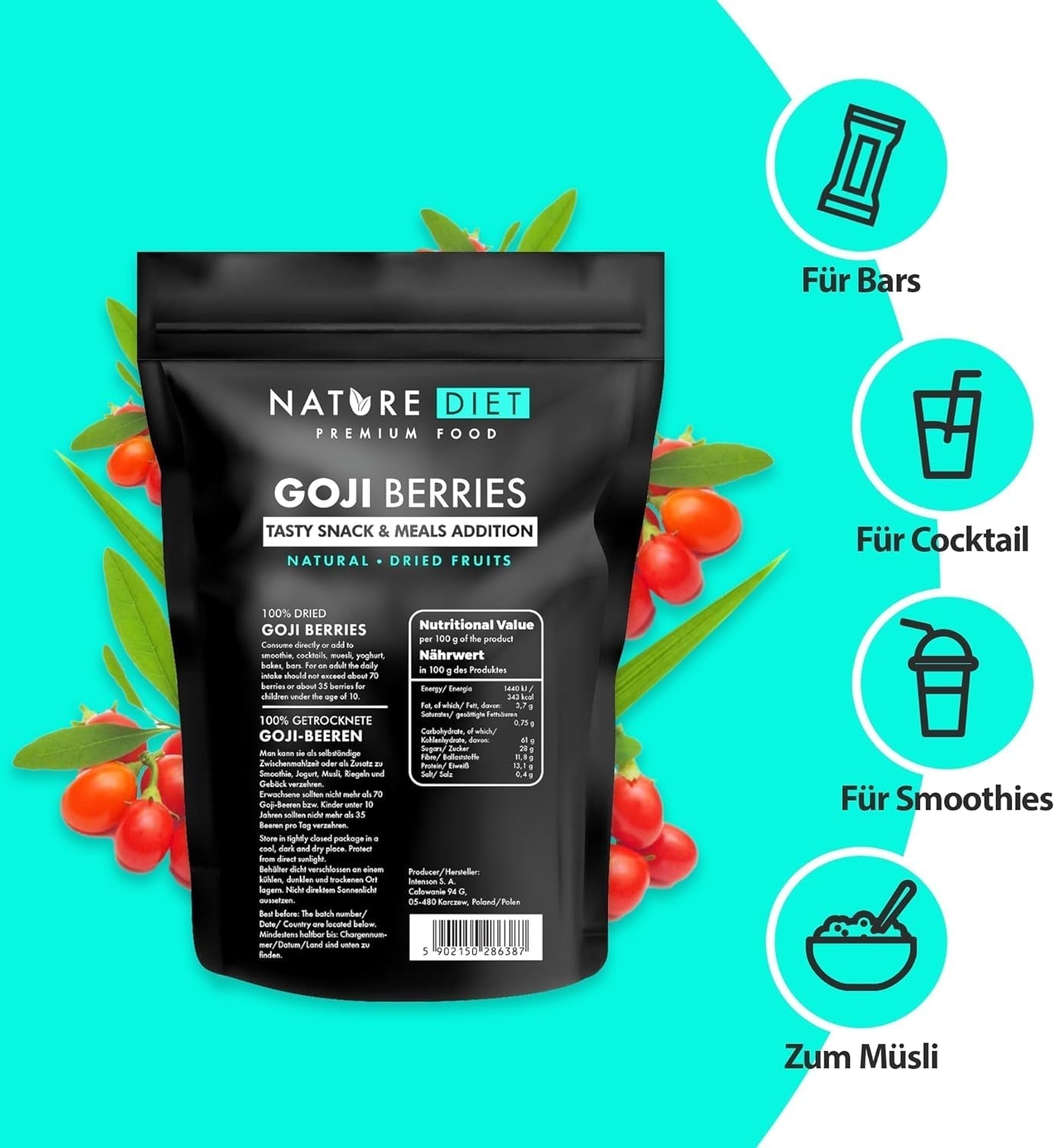 Nature Diet - Bayas de Goji 1000 g | Bayas secas | Snack saludable Naty Shop productos deshidratados