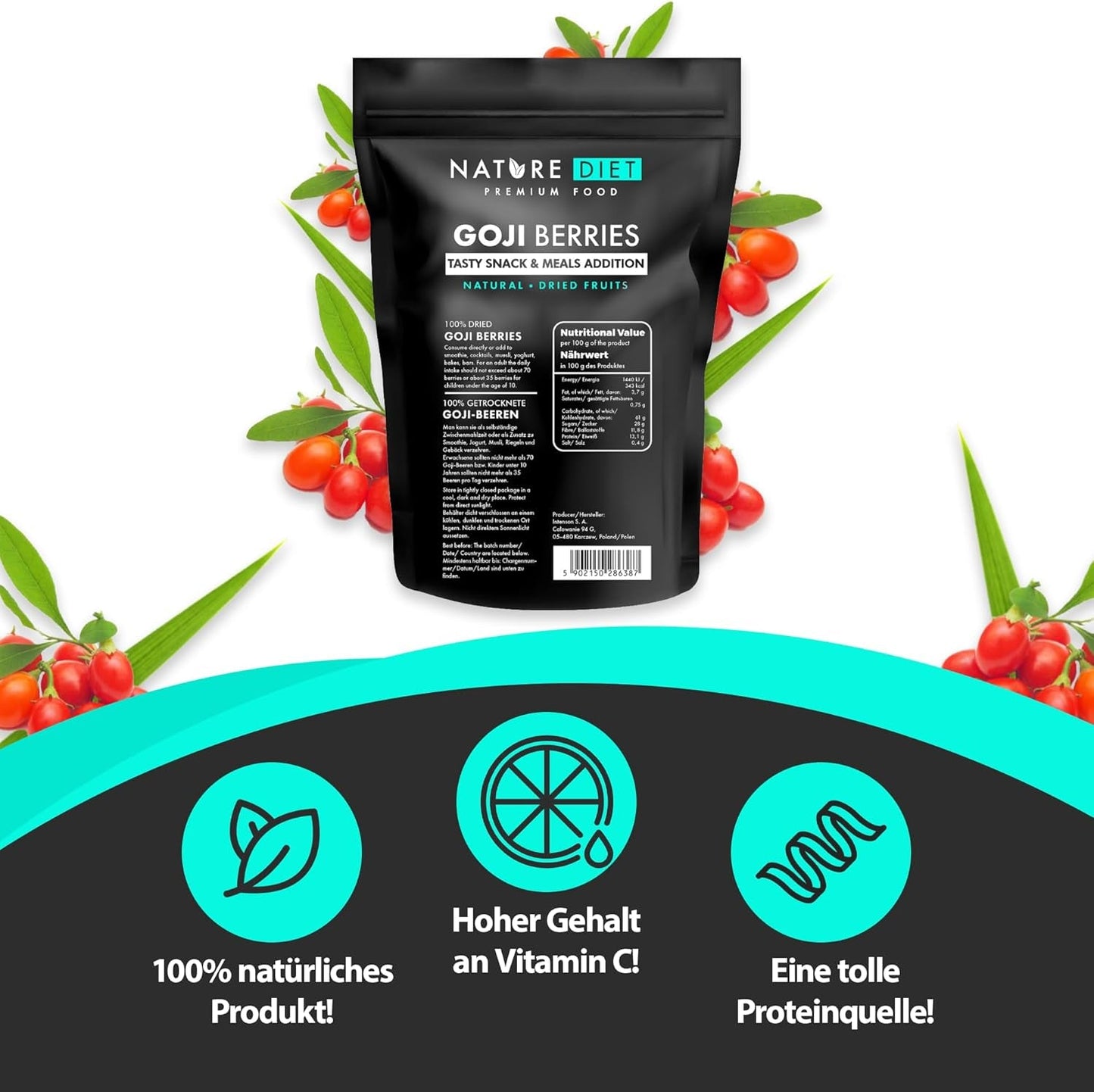 Nature Diet - Bayas de Goji 1000 g | Bayas secas | Snack saludable Naty Shop productos deshidratados