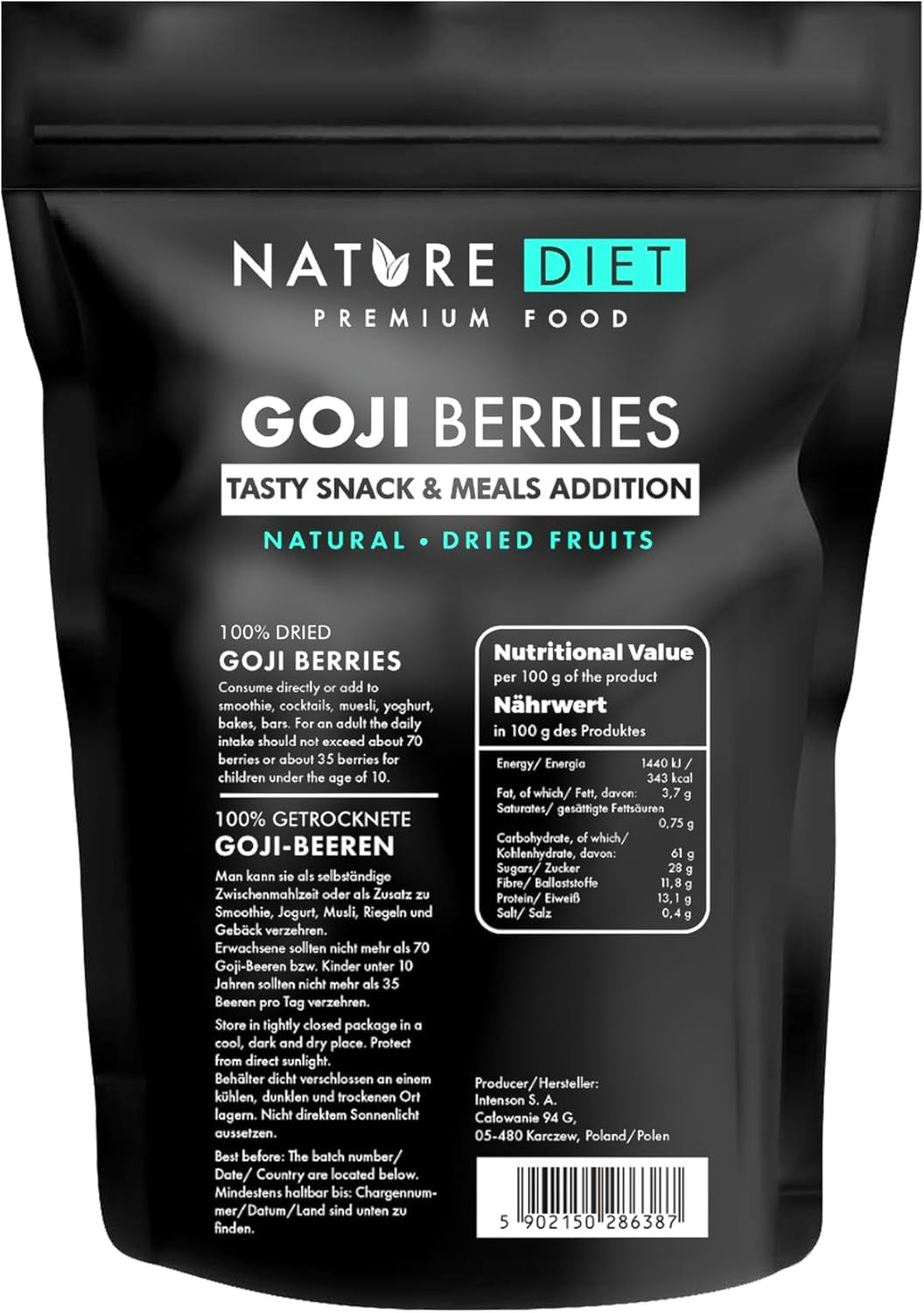 Nature Diet - Bayas de Goji 1000 g | Bayas secas | Snack saludable Productos deshidratados Naty Shop 1 kg (1 pack)
