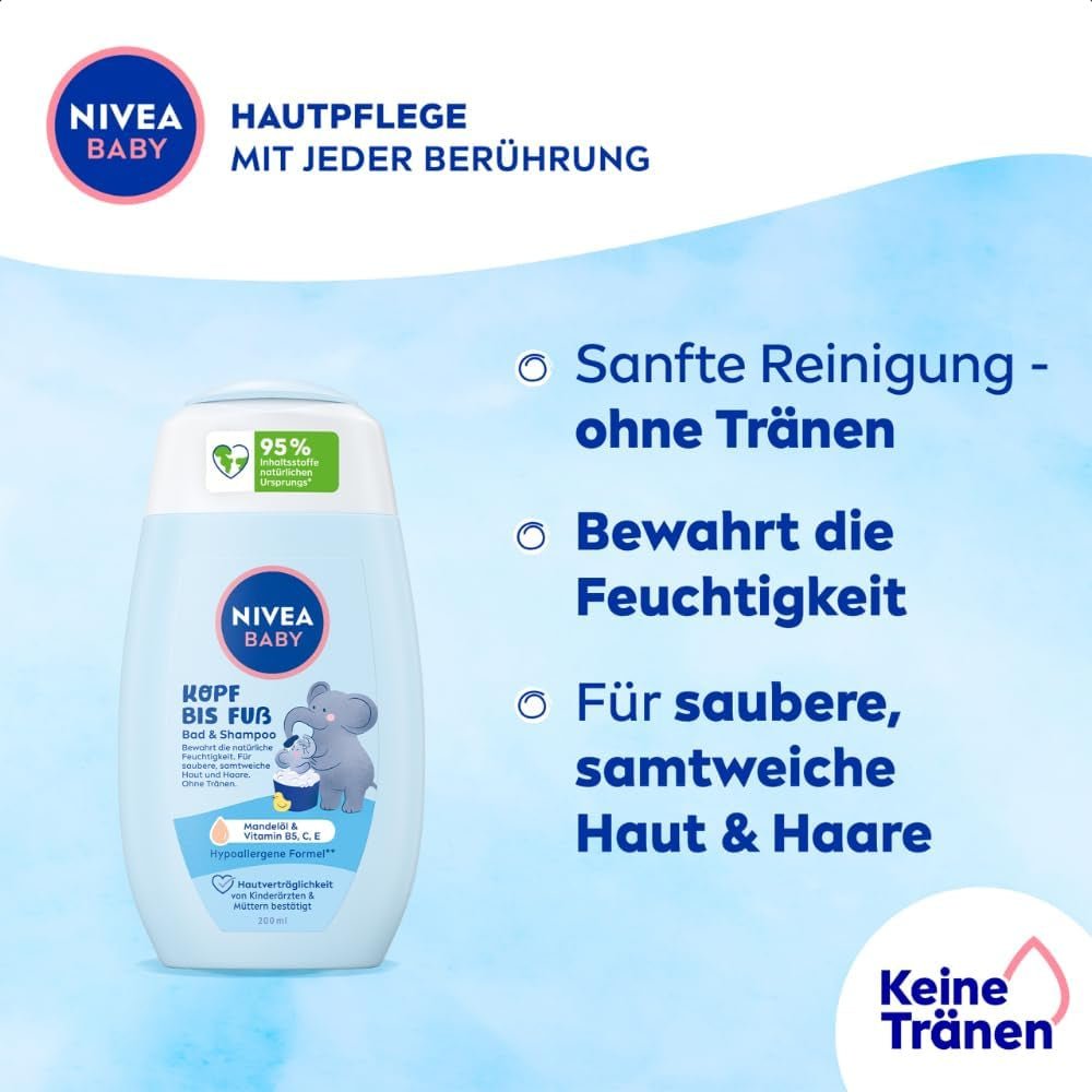 NIVEA BABY baño y champú de pies a cabeza, champú vegano suave para piel y cabello infantil con aceite de almendras, gel de ducha relajante con fórmula hipoalergénica sin parabenos ni microplásticos (200 ml) Infantil - Baño y Cuidado de la piel Naty Shop