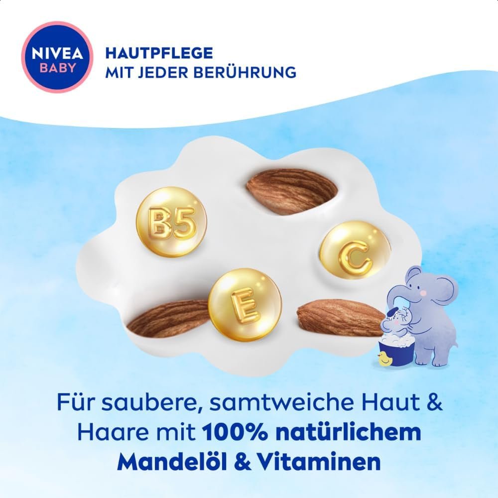 NIVEA BABY baño y champú de pies a cabeza, champú vegano suave para piel y cabello infantil con aceite de almendras, gel de ducha relajante con fórmula hipoalergénica sin parabenos ni microplásticos (200 ml) Infantil - Baño y Cuidado de la piel Naty Shop