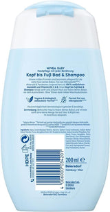 NIVEA BABY baño y champú de pies a cabeza, champú vegano suave para piel y cabello infantil con aceite de almendras, gel de ducha relajante con fórmula hipoalergénica sin parabenos ni microplásticos (200 ml) Infantil - Baño y Cuidado de la piel Naty Shop