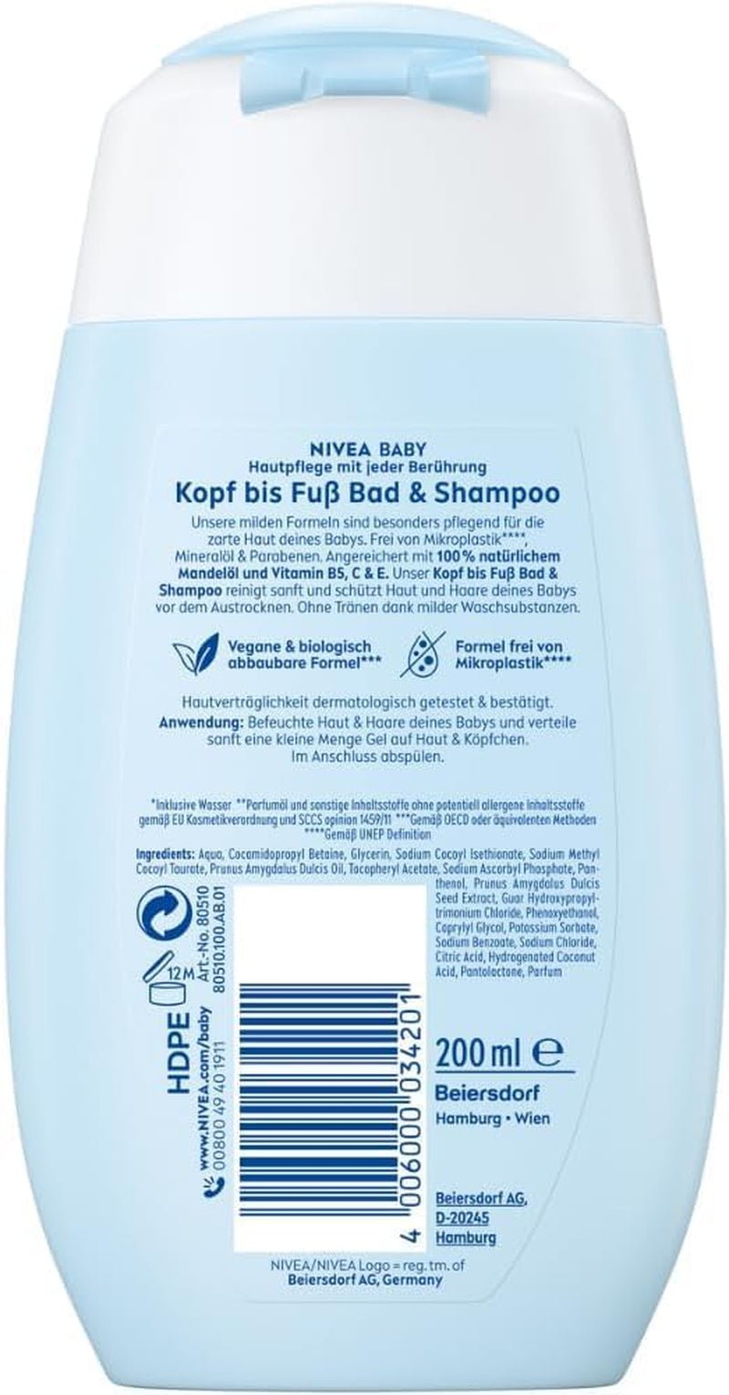 NIVEA BABY baño y champú de pies a cabeza, champú vegano suave para piel y cabello infantil con aceite de almendras, gel de ducha relajante con fórmula hipoalergénica sin parabenos ni microplásticos (200 ml) Infantil - Baño y Cuidado de la piel Naty Shop