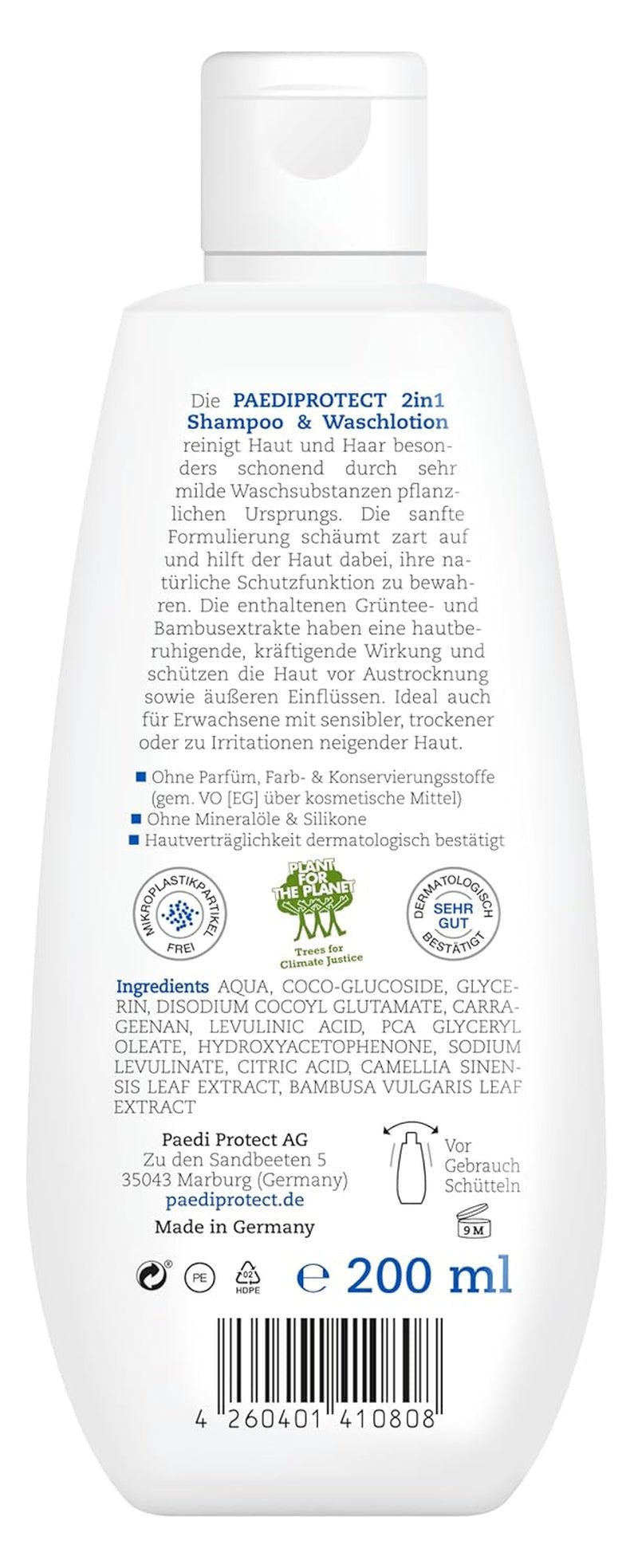 PAEDIPROTECT Champú y loción de lavado 2 en 1 para bebés y niños 200 ml, limpieza delicada y cabello sin perfume ni microplásticos, el gel de ducha hidrata la piel seca y sensible, también para adultos Niños - Baño y Cuidado de la piel Naty Shop