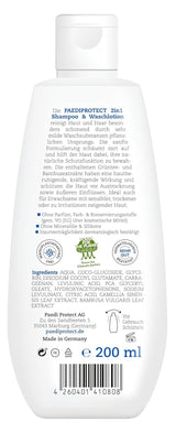 PAEDIPROTECT Champú y loción de lavado 2 en 1 para bebés y niños 200 ml, limpieza delicada y cabello sin perfume ni microplásticos, el gel de ducha hidrata la piel seca y sensible, también para adultos Niños - Baño y Cuidado de la piel Naty Shop