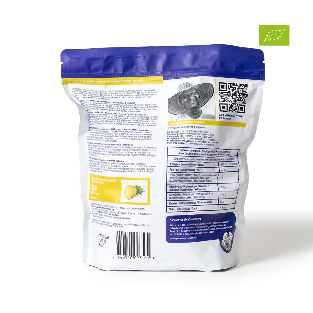 PAKKA Piña orgánica y de comercio justo en trozos 1kg, Piña deshidratada orgánica y de comercio justo, sin azúcar, sin azufre, producida y rellenada directamente por el productor en Colombia, vegana 1000g Productos deshidratados Naty Shop