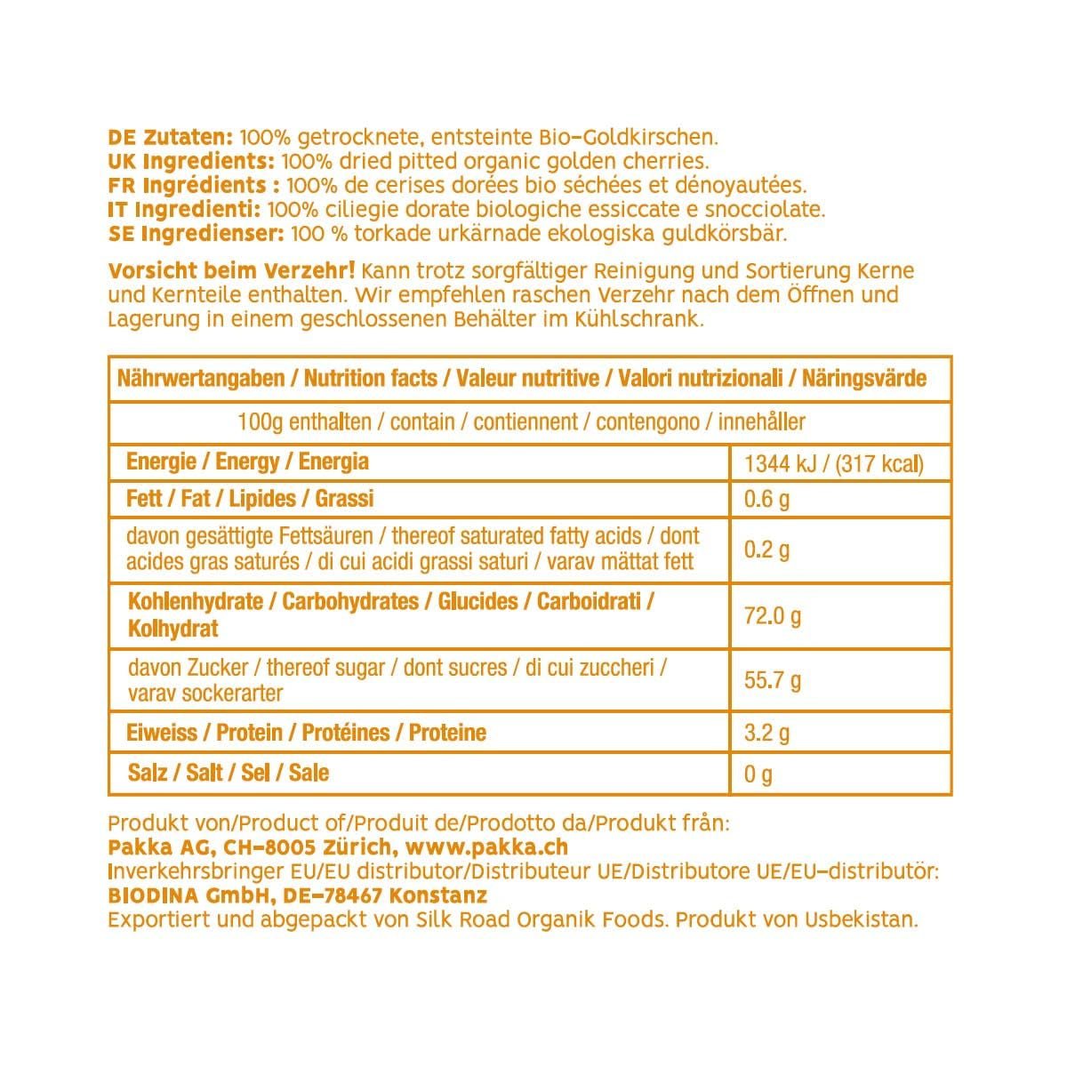 PAKKA - Cerezas Doradas Secadas al Sol de Comercio Justo Orgánicas 500 g, Cerezas Amarillas Recogidas Silvestres, Sin Semillas, Sin Endulzante, Directo de Pequeños Agricultores en Samarcanda, Uzbekistán, Vegano, 500 g (1 Paquete) Naty Shop Productos Deshidratados