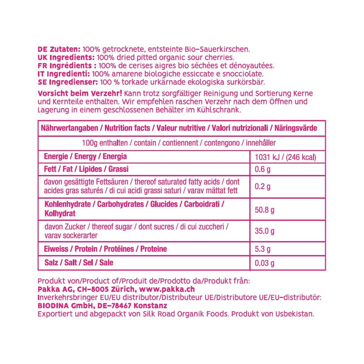 PAKKA - Cerezas de Comercio Justo Orgánicas Secadas al Sol 750 g, Cerezas Orgánicas Cosechadas Silvestres, Sin Endulzar, Sin Endulzar Directamente de Pequeños Agricultores en Samarcanda, Uzbekistán, Vegano, 750 g Naty Shop Productos Deshidratados