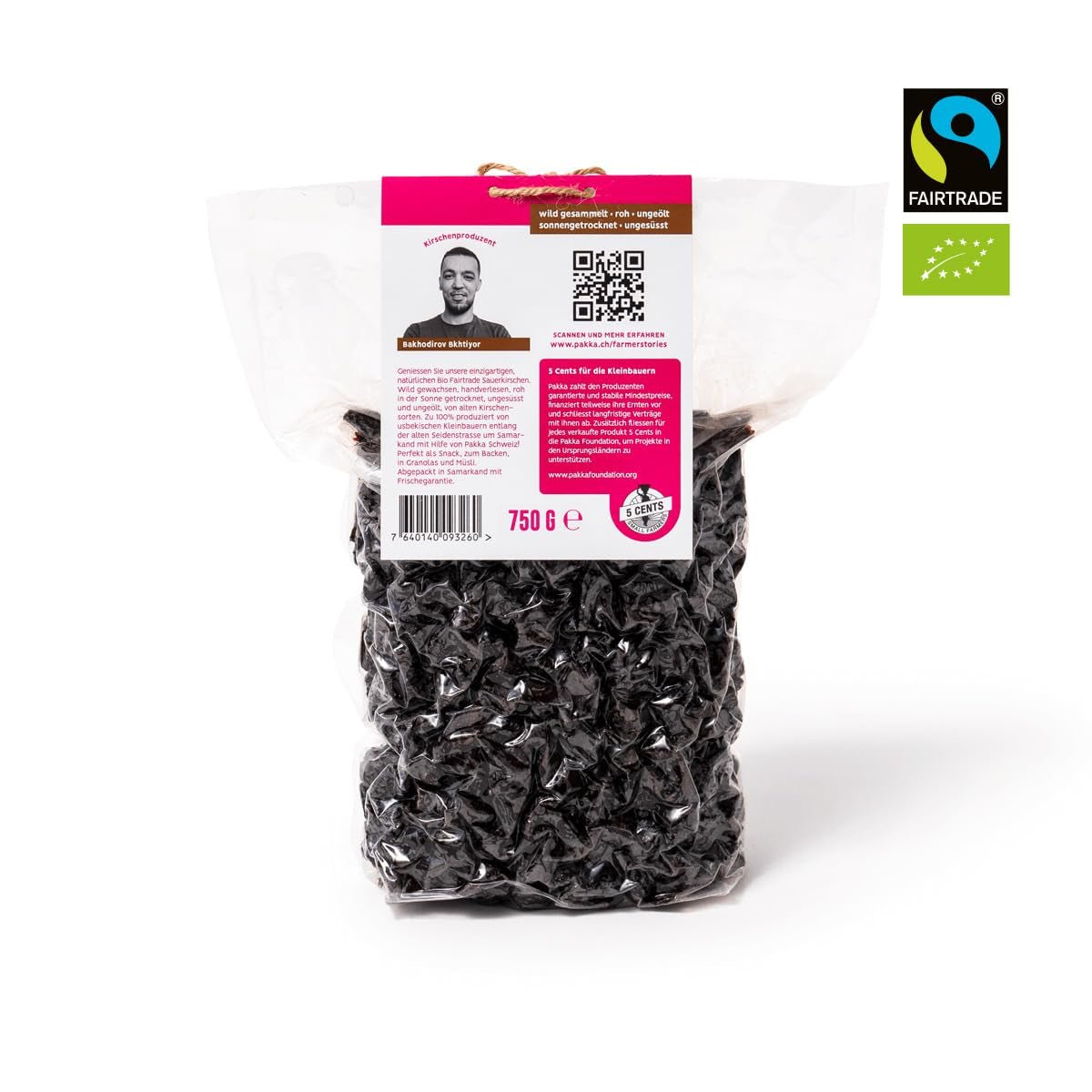 PAKKA - Cerezas de Comercio Justo Orgánicas Secadas al Sol 750 g, Cerezas Orgánicas Cosechadas Silvestres, Sin Endulzar, Sin Endulzar Directamente de Pequeños Agricultores en Samarcanda, Uzbekistán, Vegano, 750 g Naty Shop Productos Deshidratados