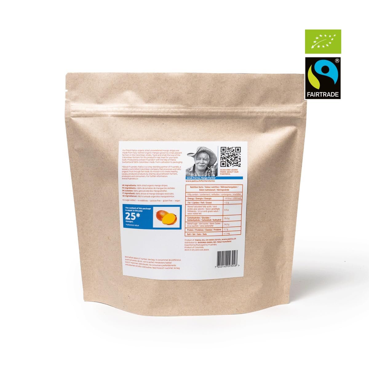 PAKKA mangos orgánicos de comercio justo 1kg, mango orgánico y secado justo en trozos, sin azúcar, sin azufre, producido y llenado directamente por el productor en Colombia, vegano 1kg (1 paquete) Productos deshidratados Naty Shop