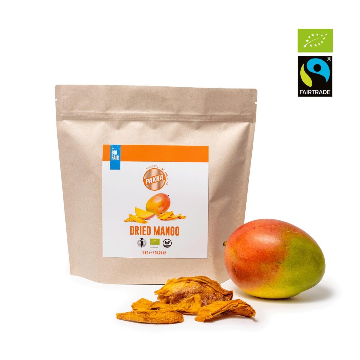PAKKA mangos orgánicos de comercio justo 1kg, mango orgánico y secado justo en trozos, sin azúcar, sin azufre, producido y llenado directamente por el productor en Colombia, vegano 1kg (1 paquete) Productos deshidratados Naty Shop