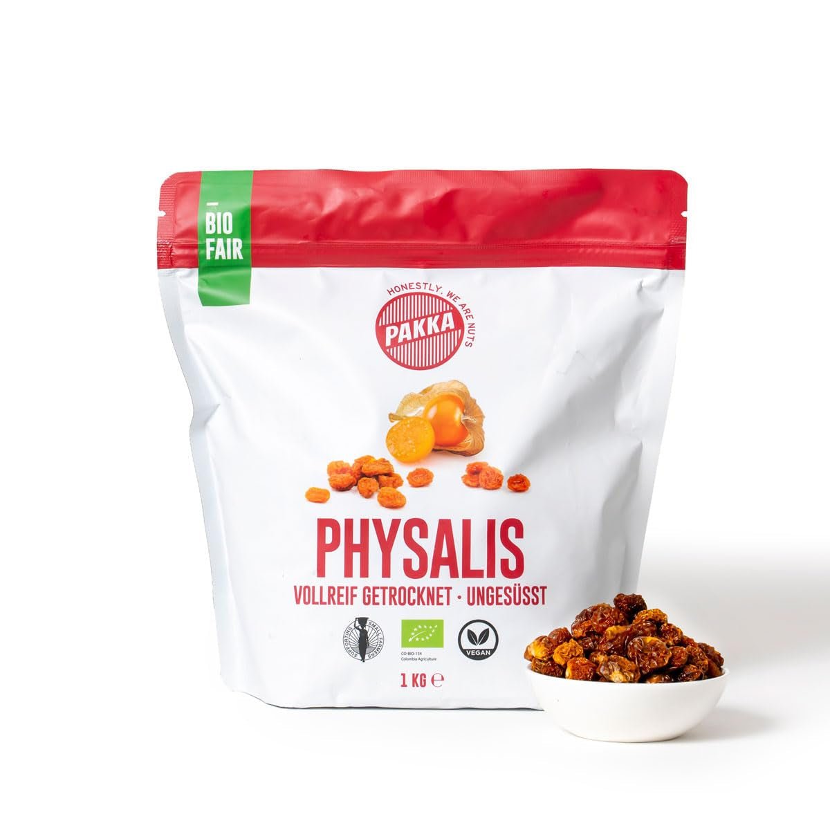 PAKKA Organic Fair Trade Physalis 1kg, espino amarillo orgánico y de comercio justo seco, sin azúcar, sin azufre, producido y embotellado directamente por el productor en Colombia, vegano 1000g (1 paquete) Naty Shop Productos Deshidratados Variante 2: 1 kg (1 paquete)