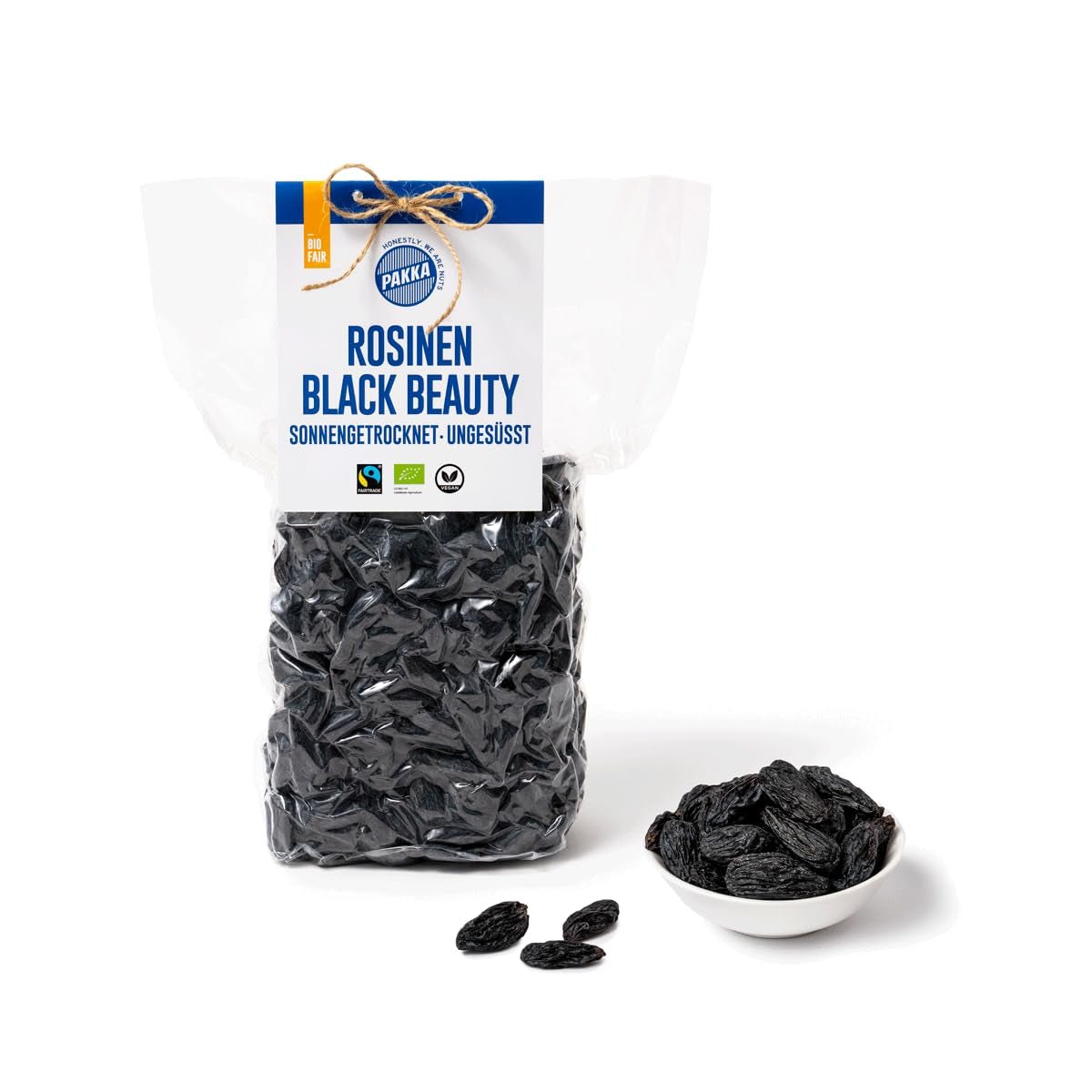 PAKKA - Pasas de belleza negras orgánicas de comercio justo 600 g, uvas negras orgánicas, sin semillas, secadas al sol, sin aceite, por lo tanto pegajosas, sin azufre, directamente de pequeños agricultores en Samarcanda en Uzbekistán Productos deshidratados Naty Shop Variante 1: 600 G (paquete de 1)