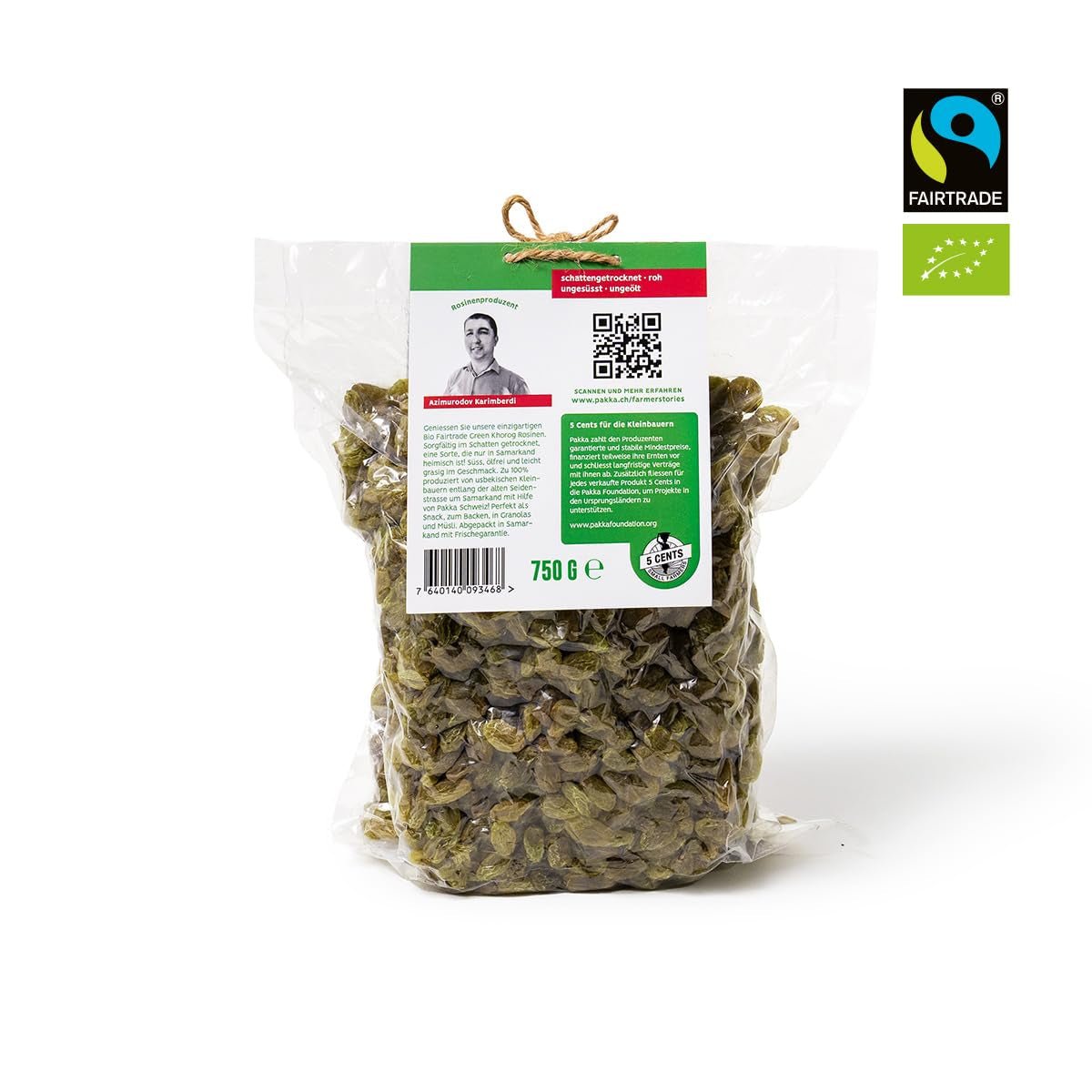 PAKKA - Pasas Khorog verdes orgánicas de comercio justo 750 g, orgánicas y de comercio justo, sin semillas, secadas a la sombra, sin aceite, muy pegajosas, directas de pequeños agricultores en Samarcanda Uzbekistán, veganas, 750 g Naty Shop Productos deshidratados