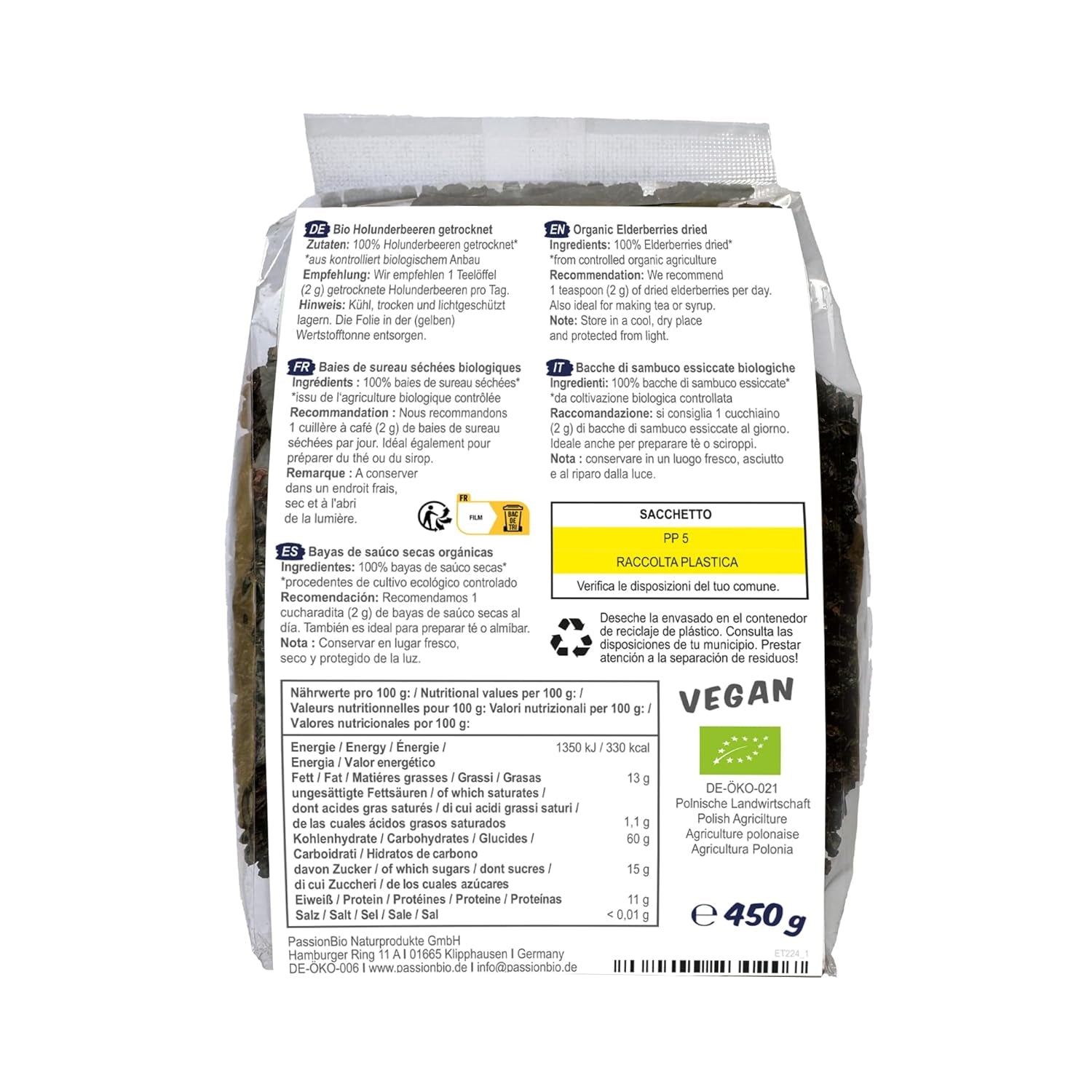 PassionBio Bayas de Saúco Secas Bio 450g - Bayas de Saúco Negras para Té y Almíbar - Vegano, Sin Conservantes, Sin Azúcares Añadidos (Según Ley) Productos Deshidratados Naty Shop