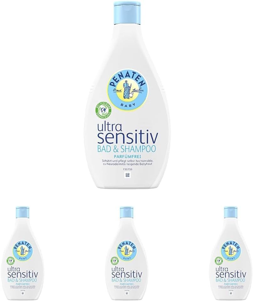 PENATEN Ultra Sensitive Bath & Shampoo (400 ml), baño y champú para bebés especialmente suave para la piel muy sensible de los bebés con tendencia a la neurodermatitis, gel de ducha y champú para el cabello sin perfume ni colorantes Infantil - Baño y Cuidado Naty Shop 400 Ml (pack de 4) Gel limpiador