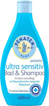 PENATEN Ultra Sensitive Bath & Shampoo (400 ml), baño y champú para bebés especialmente suave para la piel muy sensible de los bebés con tendencia a la neurodermatitis, gel de ducha y champú para el cabello sin perfume ni colorantes Infantil - Baño y Cuidado Naty Shop 400 Ml (1 pack) Gel limpiador