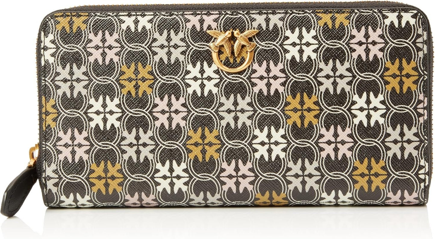 Pinko Cartera Ryder De Piel Con Cremallera Alrededor Para Mujer, Accesorios De Viaje Con Logo Estampado, Zm7q_Black/Brown/White.Antique Go Wallet Mujer Naty Shop Default Title