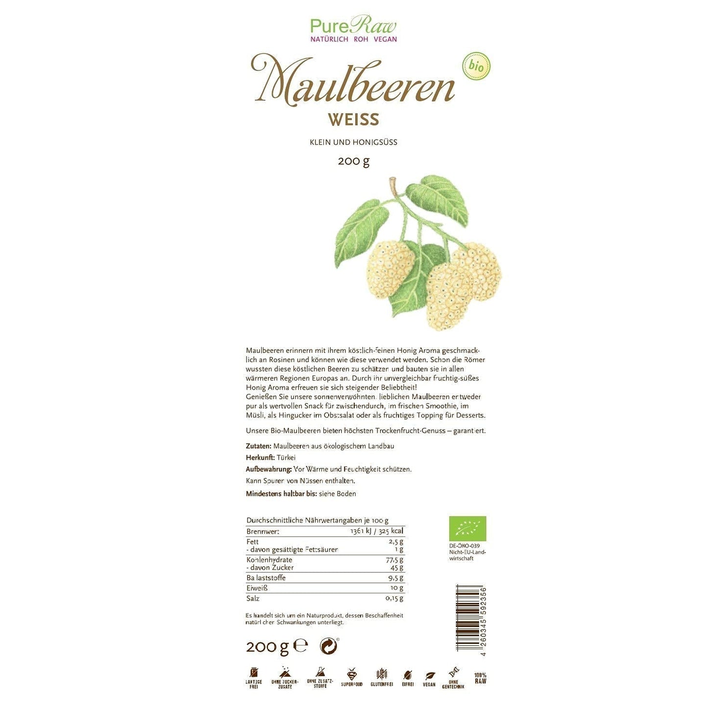 Moras blancas secas orgánicas premium (crudas veganas) Morus Alba Mulberry Fruit - Frutas secas sin azúcar añadido de Turquía - Moras blancas crudas orgánicas Frutas secas | PureRaw 200g Naty Shop productos deshidratados
