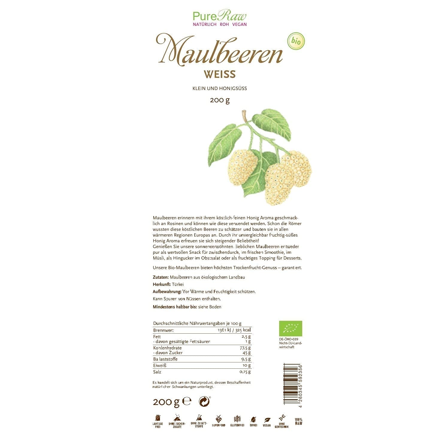 Moras blancas secas orgánicas premium (crudas veganas) Morus Alba Mulberry Fruit - Frutas secas sin azúcar añadido de Turquía - Moras blancas crudas orgánicas Frutas secas | PureRaw 200g Naty Shop productos deshidratados