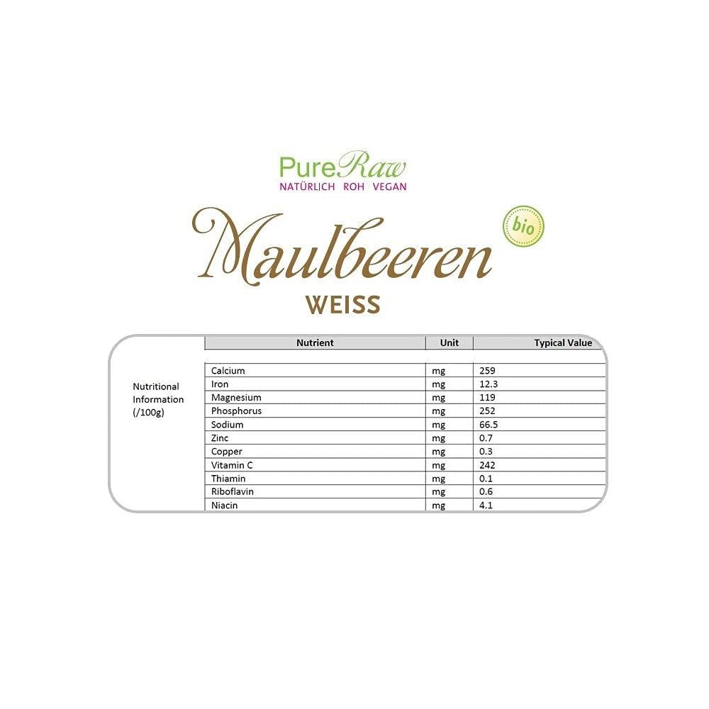 Moras blancas secas orgánicas premium (crudas veganas) Morus Alba Mulberry Fruit - Frutas secas sin azúcar añadido de Turquía - Moras blancas crudas orgánicas Frutas secas | PureRaw 200g Naty Shop productos deshidratados