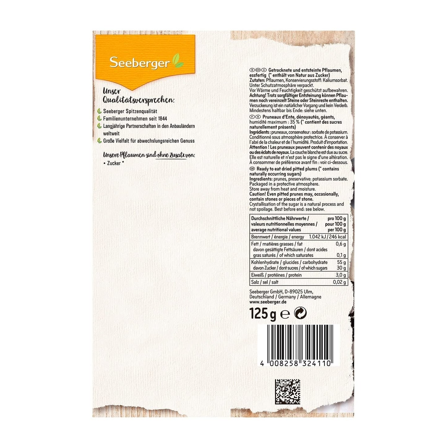 Ciruelas Seeberger sin hueso, 125 g Naty Shop productos deshidratados