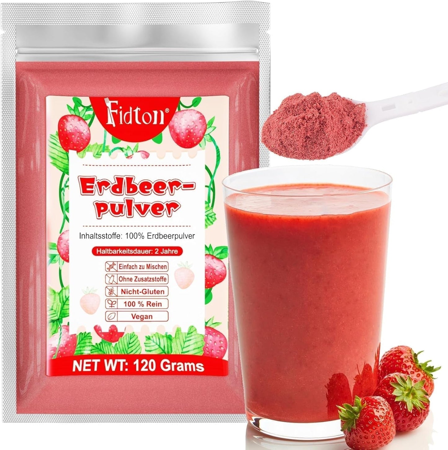 Fresa en polvo 120g - Fresas 100% naturales Liofilizadas, sin aditivos Fácil de mezclar Fresas liofilizadas nutritivas para helados, tartas, batidos, bebidas, aromatizantes en polvo Productos deshidratados Naty Shop Fresas 120G