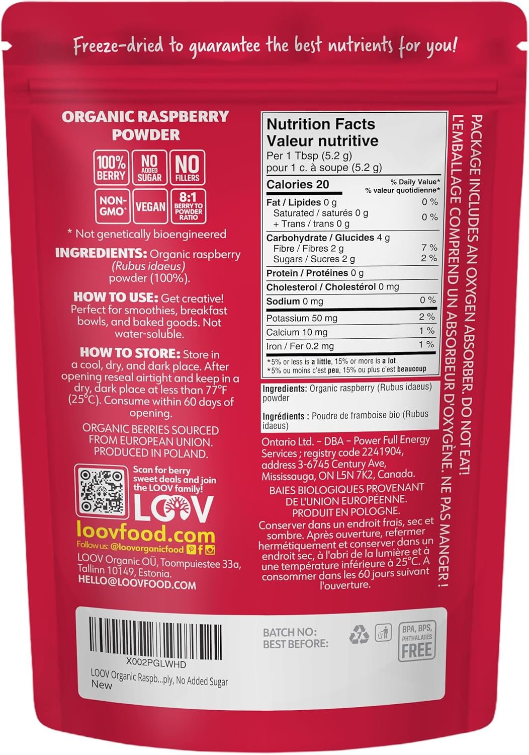 Frambuesa en polvo orgánica 100% frambuesas enteras Frambuesa liofilizada en polvo 171 g de Europa Suministro para 24 días Sin azúcar añadido Naty Shop Productos deshidratados