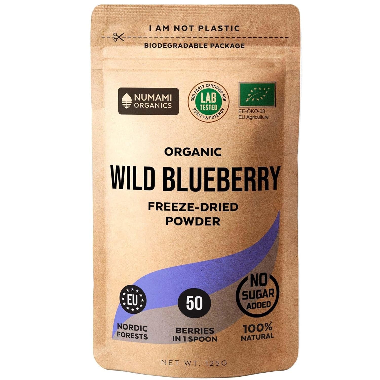 Arándano silvestre orgánico en polvo, arándanos enteros liofilizados, 100% calidad de alimento crudo, rico en antioxidantes y vitamina C, sin azúcar añadido, cosechado en el norte de Europa Naty Shop Productos deshidratados 125 g