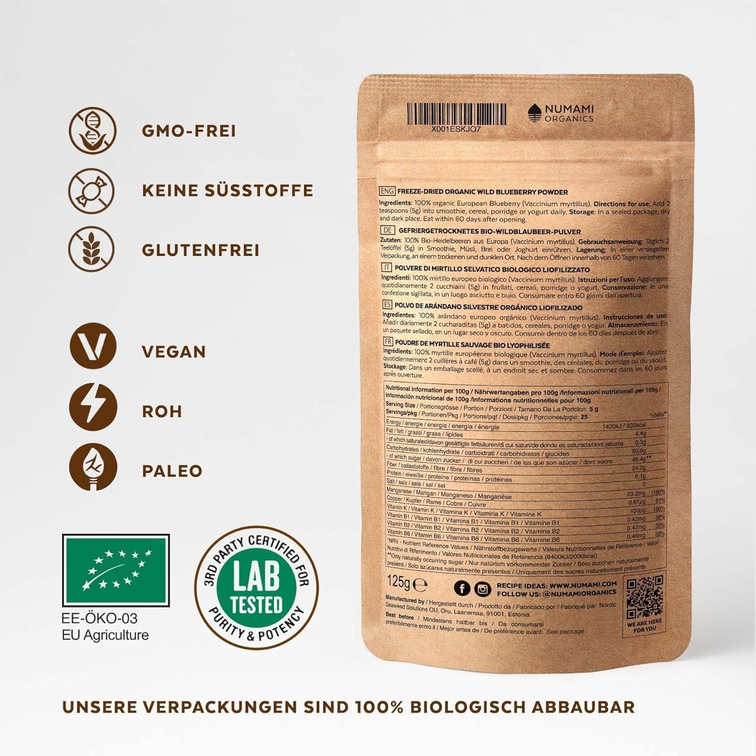 Arándanos Silvestres Orgánicos en Polvo, Arándanos Enteros Liofilizados, 100% Calidad de Alimentos Crudos, Ricos en Antioxidantes y Vitamina C, Sin Azúcares Añadidos, Cosechados en el Norte de Europa Productos Secos Naty Shop