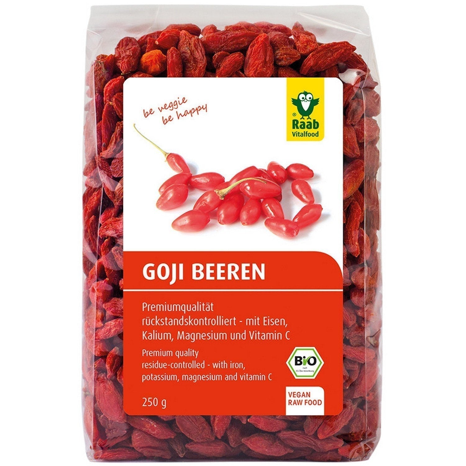 Raab Vitalfood Bayas de Goji Orgánicas, Alta Calidad, Control de Residuos, Probado en Laboratorio, Sin Azufre, Sin Aditivos, Vegano, Rico en Hierro Natural, Potasio, Vitamina C, Wolfberry, 1 Paquete (250g) Naty Shop Productos Deshidratados 250 Gramos