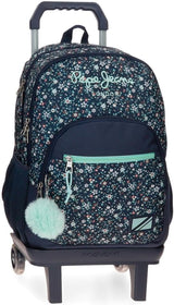 Pepe Jeans Mochila escolar Alenka con carro, azul, 30 x 40 x 12 cm, poliéster, 14,4 l, azul, mochila escolar con carro Mochilas y carteras premium Naty Shop Mochila 45 + Carro