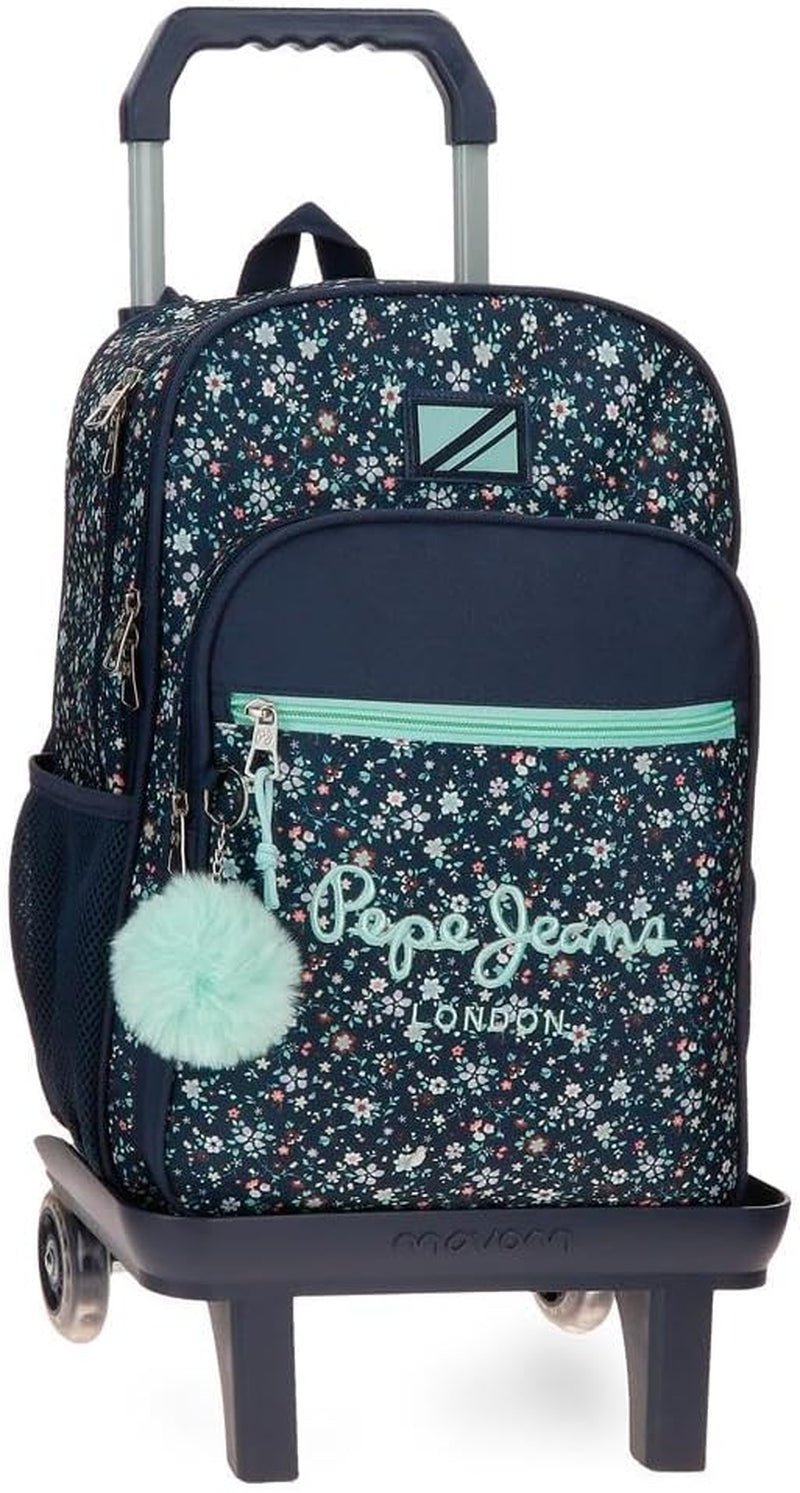 Pepe Jeans Mochila escolar Alenka con carro, azul, 30 x 40 x 12 cm, poliéster, 14,4 l, azul, mochila escolar con carro Mochilas y carteras premium Naty Shop Mochila + Carro