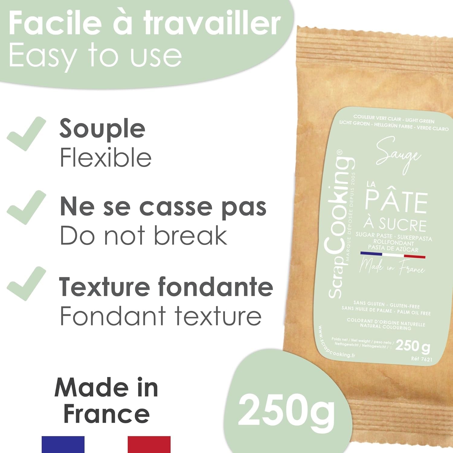 ScrapCooking - Pâte à Sucre Vert Sauge 250g - Colorant d'Origine Naturelle - Sans Gluten, Sans Huile de Palme - Pour Gâteaux, Pâtisseries Anniversaire - Vert Pastel - Fabrikie en France - 7621 Pasta de azúcar Naty Shop