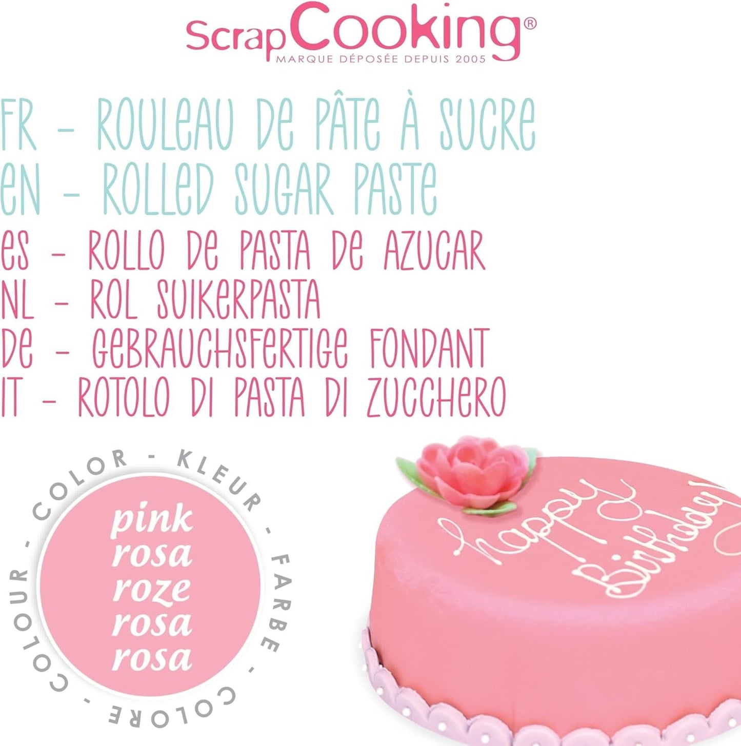 ScrapCooking - Rollo de fondant rosa â'¬ 36 cm - Fondant negro enrollado 430 g - Cake topper decoración de tartas, repostería, cumpleaños, fiestas - Rosa - 7264 Pasta de azúcar Naty Shop