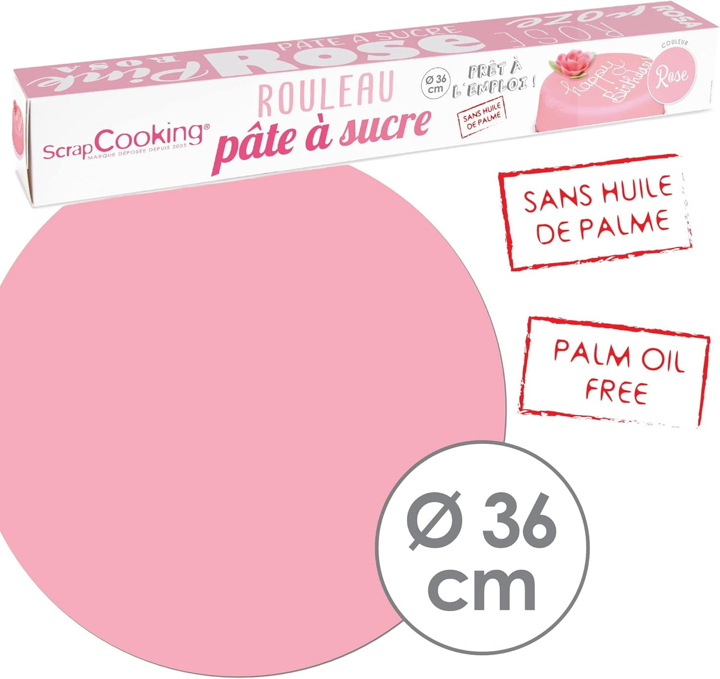 ScrapCooking - Rollo de fondant rosa â'¬ 36 cm - Fondant negro enrollado 430 g - Cake topper decoración de tartas, repostería, cumpleaños, fiestas - Rosa - 7264 Pasta de azúcar Naty Shop