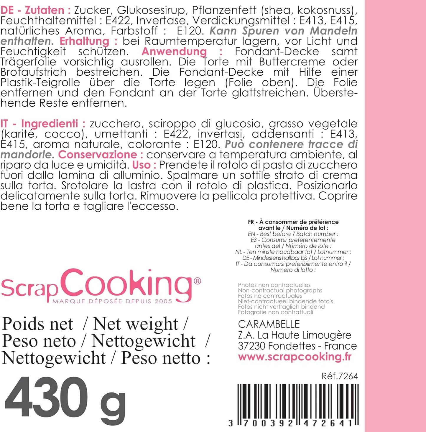 ScrapCooking - Rollo de fondant rosa â'¬ 36 cm - Fondant negro enrollado 430 g - Cake topper decoración de tartas, repostería, cumpleaños, fiestas - Rosa - 7264 Pasta de azúcar Naty Shop