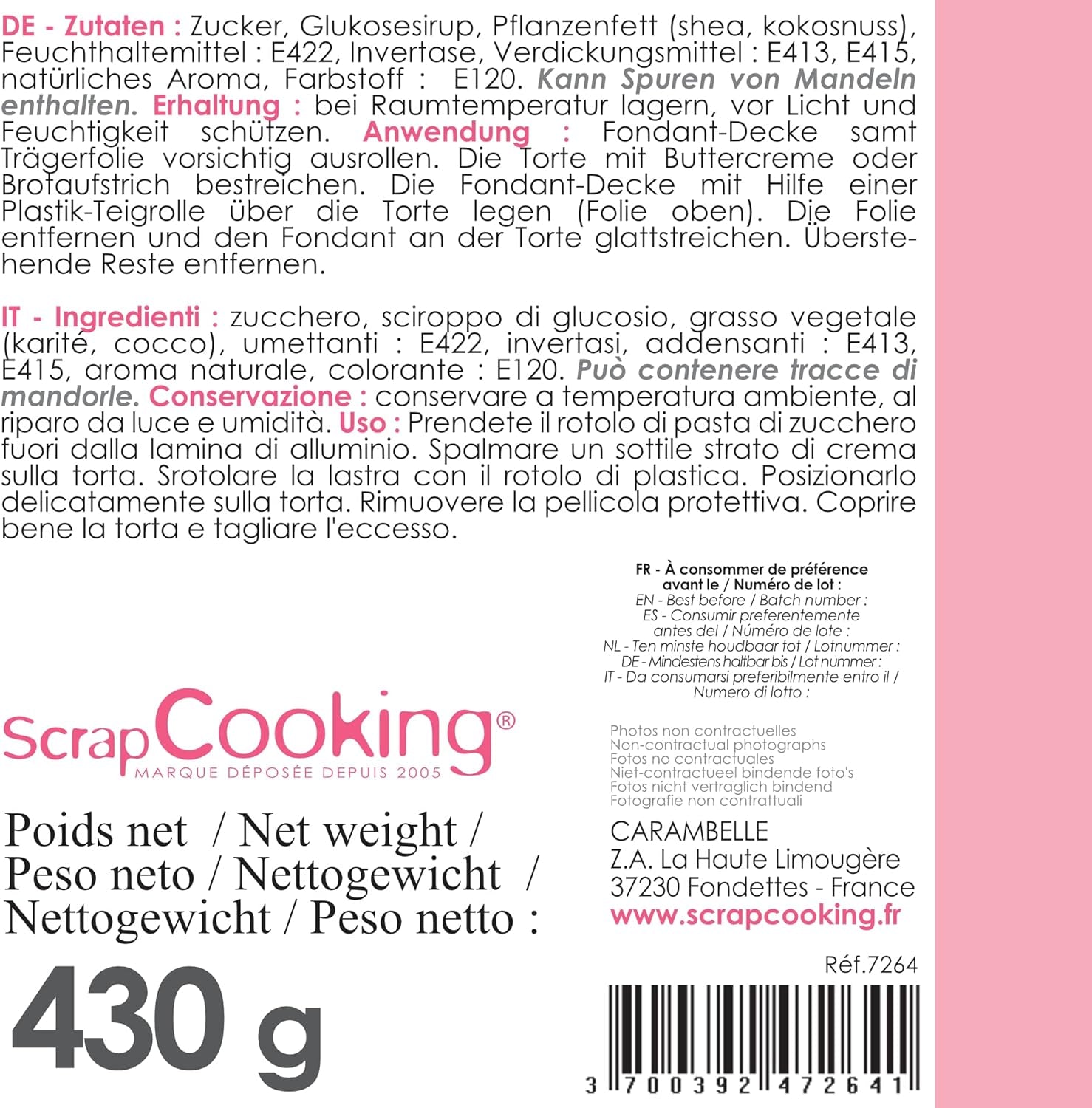 ScrapCooking - Rollo de fondant rosa â'¬ 36 cm - Fondant negro enrollado 430 g - Cake topper decoración de tartas, repostería, cumpleaños, fiestas - Rosa - 7264 Pasta de azúcar Naty Shop